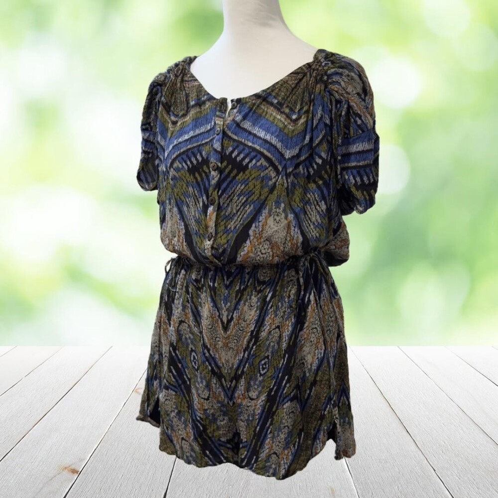 Vintage Y2K FREE PEOPLE Romper Abstract Print Drawstring Henley Boho Size M